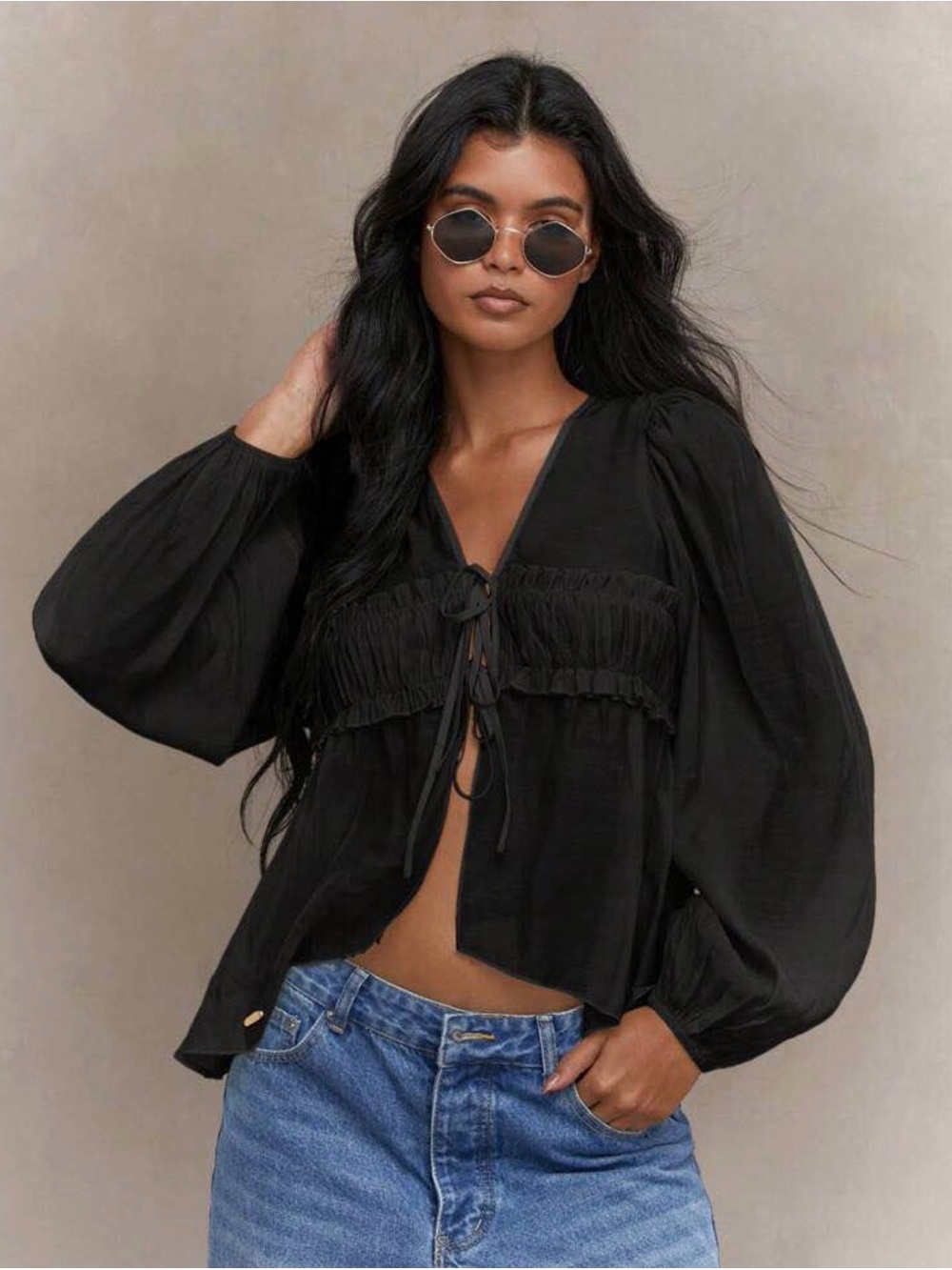MISSGUIDED Sheer Ruched Bust Balloon Sleeves Shirt Peasant Blouse, Sz L